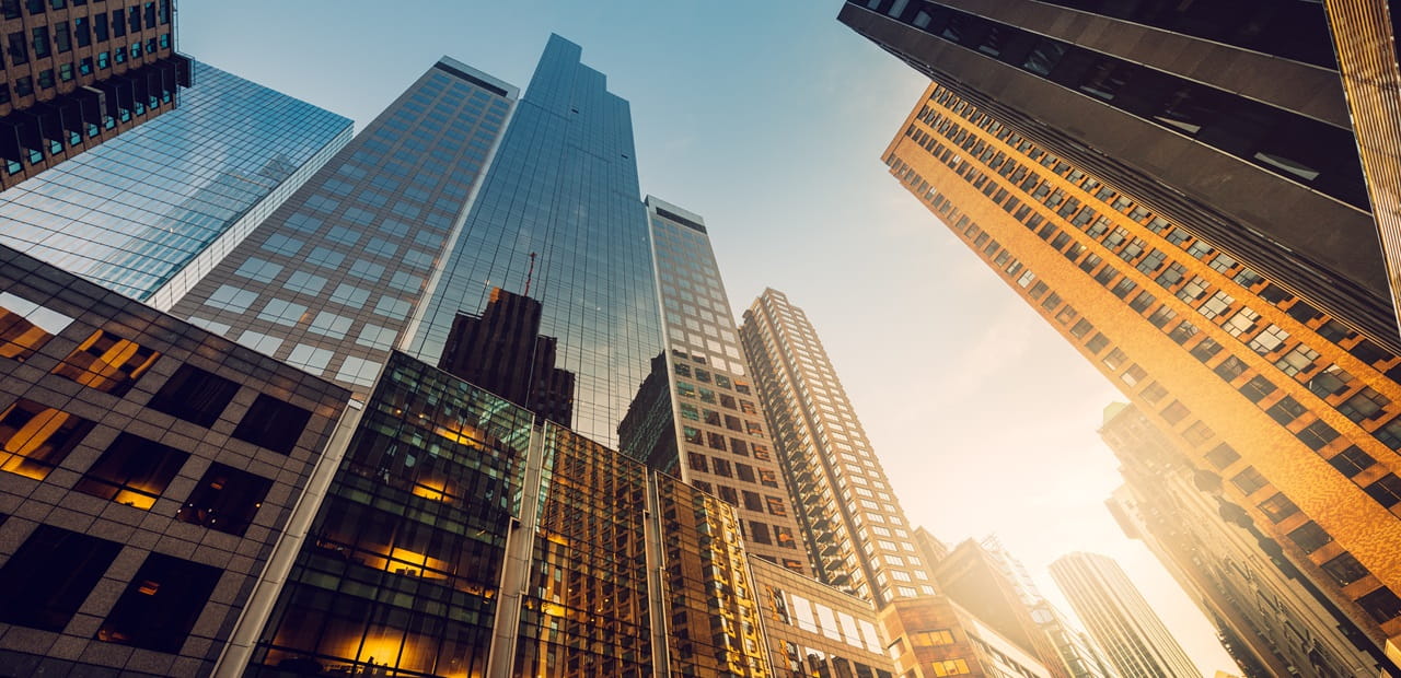 Low angle view of financial district buildings