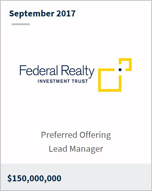 September 2017 Federal Realty Investment Trust $150,000,000 preferred offering lead manager
