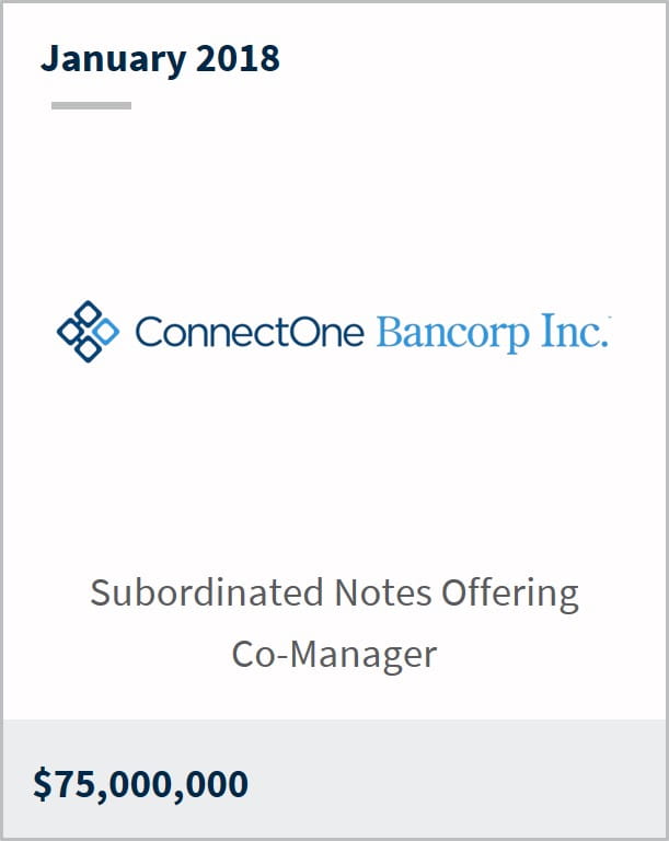 January 2018 ConnectOne Bancorp Inc subordinated notes offering co-manager $75,000,000
