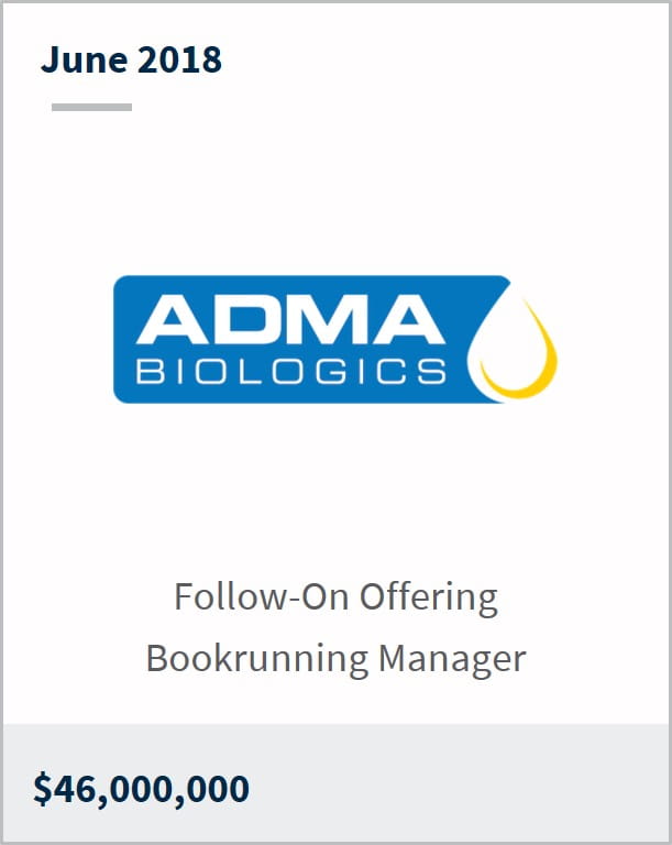 June 2018 ADMA Biologics $46,000,000 follow-on offering bookrunning manager