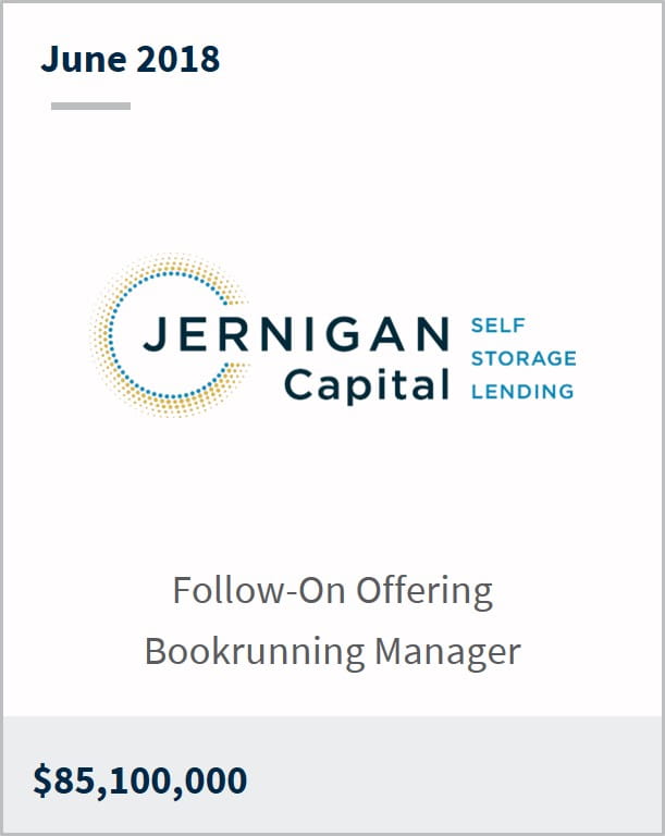 June 2018 Jernigan Capital $85,100,000 follow-on offering bookrunning manager