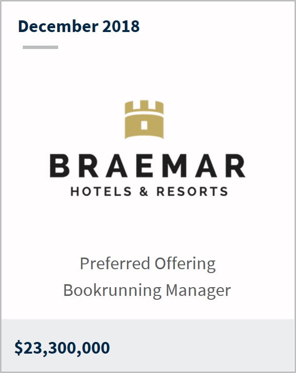 December 2018 Braemar $23,300,000 preferred offering bookrunning manager