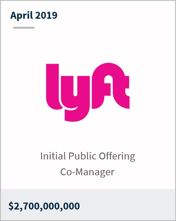 April 2019 Lyft $2,700,000,000 initial public offering co-manager 