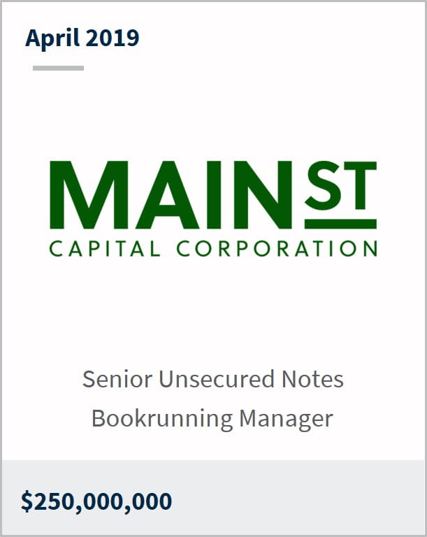 April 2019 Main Street Capital $250,000,000 senior unsecured notes bookrunning manager