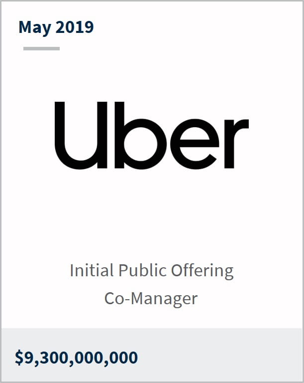 May 2019 Uber $9,300,000,000 initial public offering co-manager 