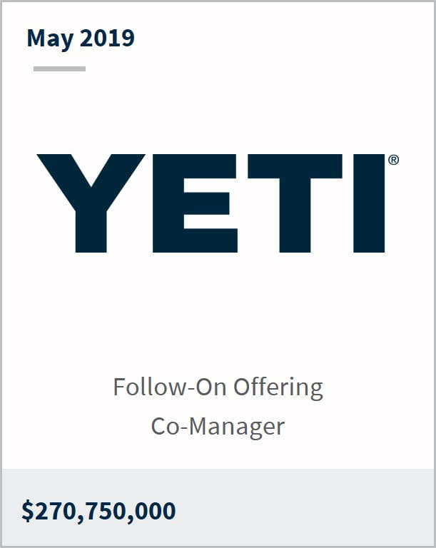 May 2019 Yeti $270,750,000 follow-on offering co-manager
