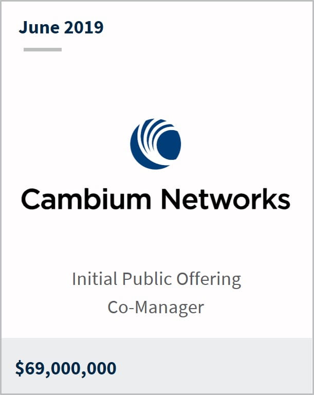 June 2019 Cambium Networks $69,000,000 initial public offering co-manager 