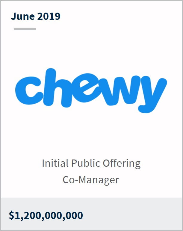 June 2019 Chewy $1,200,000,000 initial public offering co-manager 