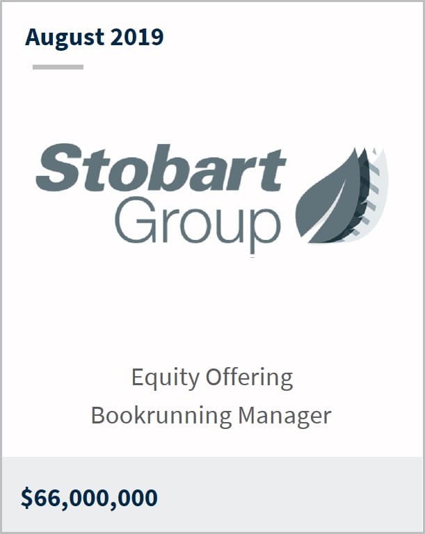 August 2019 Stobart Group $66,000,000 equity offering bookrunning manager