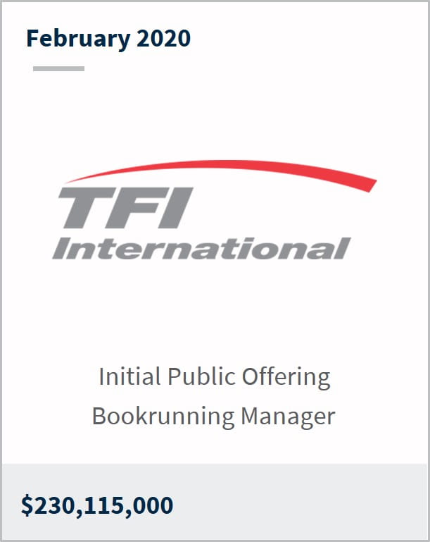 February 2020 TFI International $230,115,000 initial public offering bookrunning manager