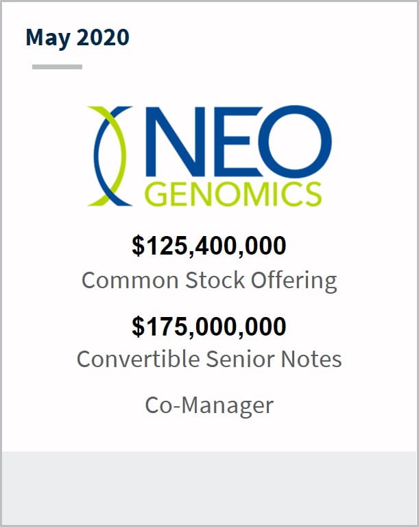 May 2020 Neogenomics $125,400,000 common stock offering $175,000,000 convertible senior notes co-manager