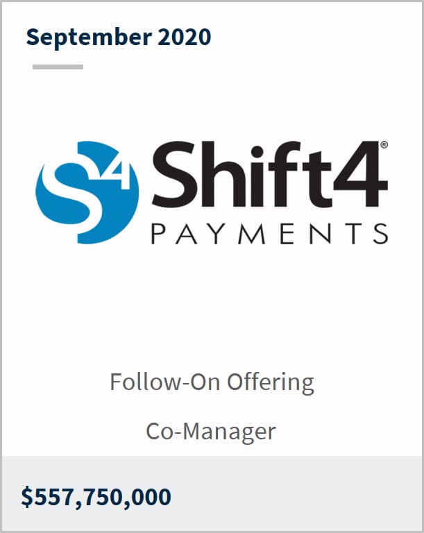 September 2020 Shift4 $557,750,000 follow-on offering co-manager 
