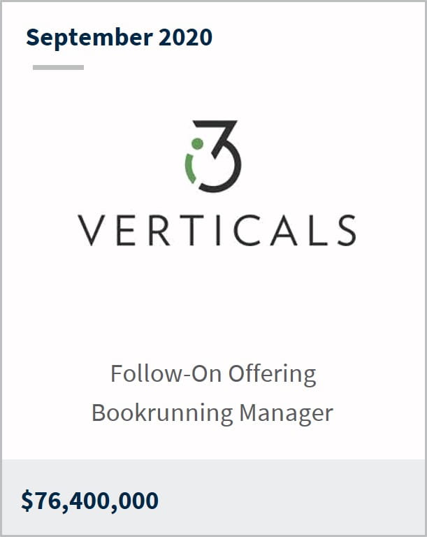 September 2020 i3 Verticals $76,400,000 follow-on offering bookrunning manager 