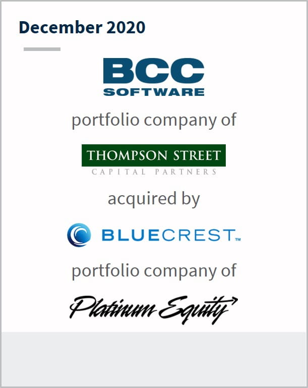 December 2020 BCC Software a portfolio company of  Thompson Street has been acquired by Bluecrest a portfolio company of Platinum Equity