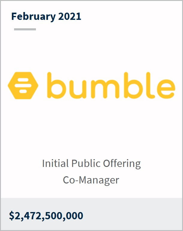 February 2021 Bumble $2,472,500,000 initial public offering co-manager 