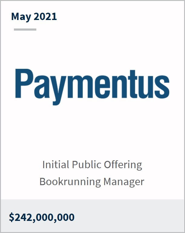 May 2021 Paymentus Holdings Inc $242,000,000 initial public offering  bookrunning manager 