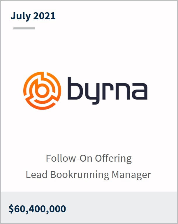 July 2021 Byrna Technologies $60,400,000 follow-on offering lead bookrunning manager 