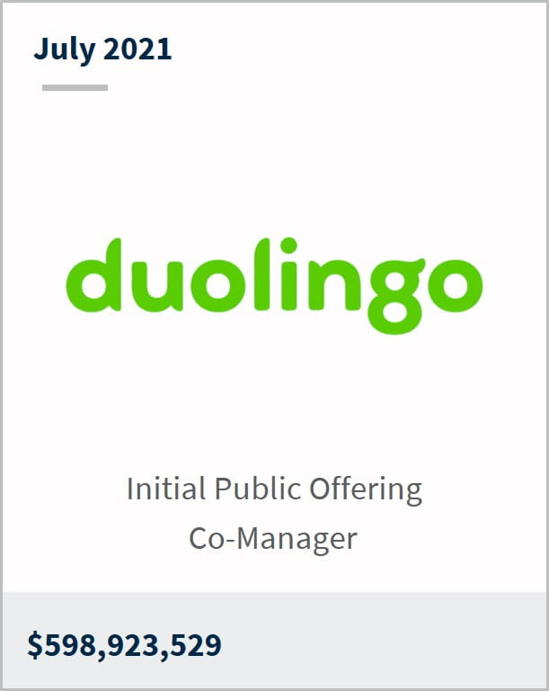 July 2021 Duolingo $598,923,529 initial public offering co-manager 